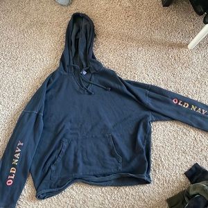 Dark grey, Old Navy in rainbow colors on each sleeve, excellent condition,